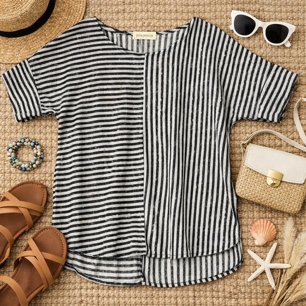 Spense Womens Sm Black White Striped Boxy Tunic Top Mixed Stripe Short Sleeve